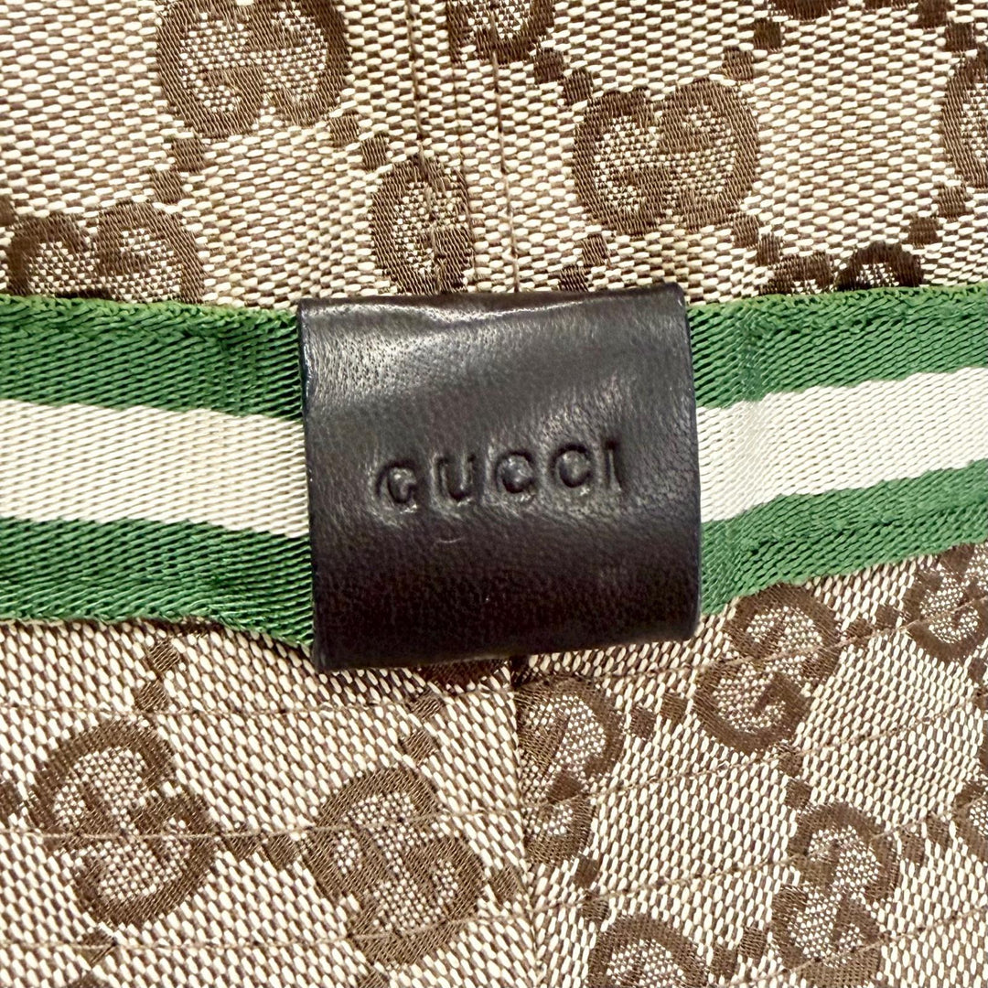 Pristine GUCCI Logo leather patch GG canvas web line bucket hat beige Women M