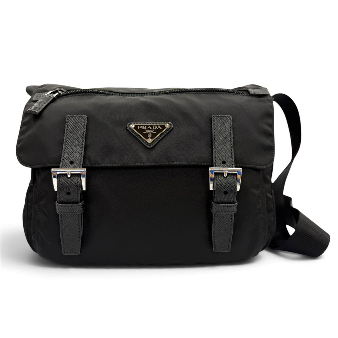 Great PRADA Shoulder Bag triangle logo triangle plate black Nylon mens 1BD953