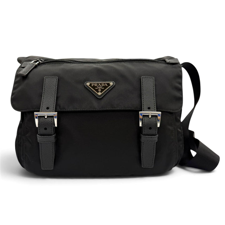 Great PRADA Shoulder Bag triangle logo triangle plate black Nylon mens 1BD953