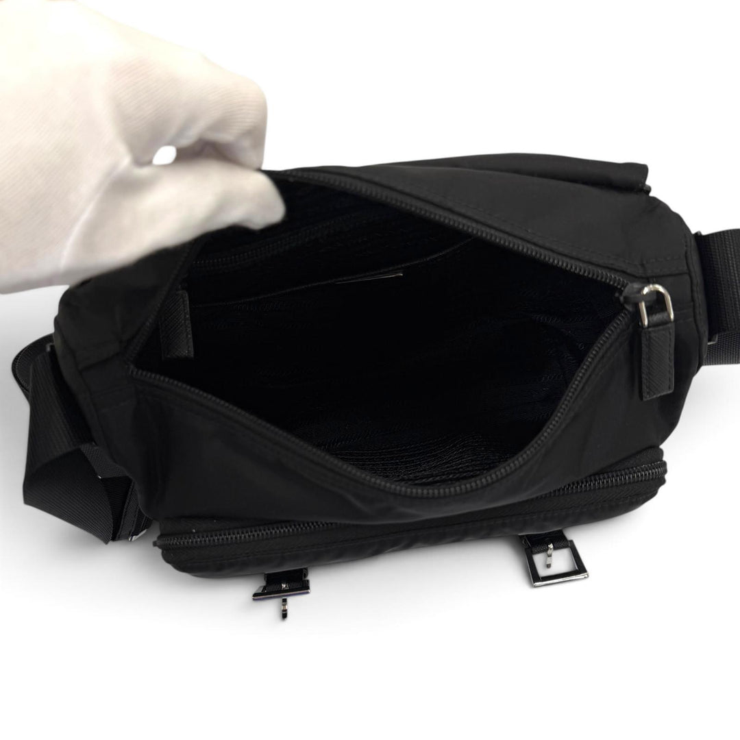 Great PRADA Shoulder Bag triangle logo triangle plate black Nylon mens 1BD953
