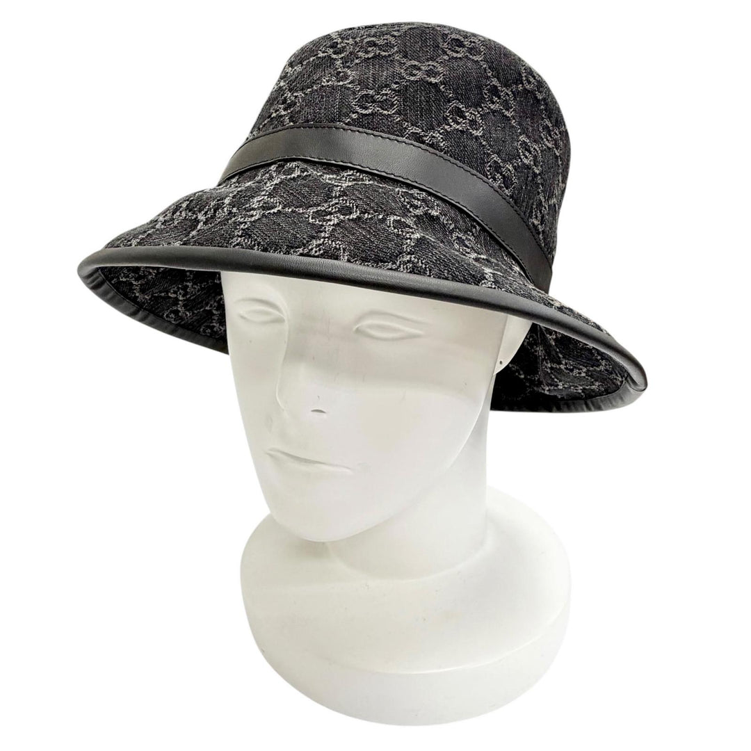 Excellent GUCCI hat GG Marmont Logo Leather Trimmed Bucket Hat black S 768647