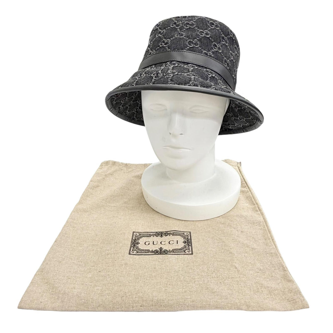 Excellent GUCCI hat GG Marmont Logo Leather Trimmed Bucket Hat black S 768647