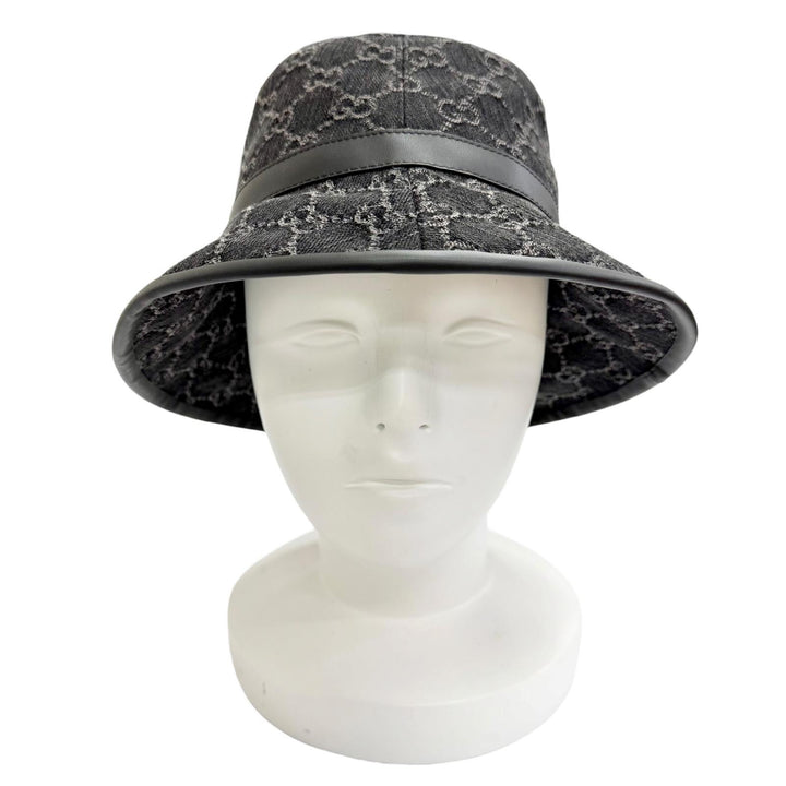 Excellent GUCCI hat GG Marmont Logo Leather Trimmed Bucket Hat black S 768647