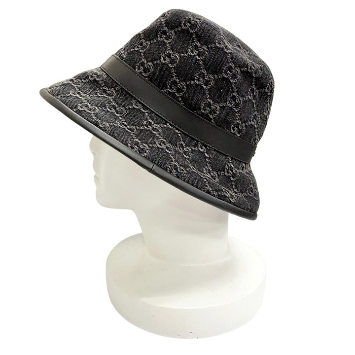 Excellent GUCCI hat GG Marmont Logo Leather Trimmed Bucket Hat black S 768647
