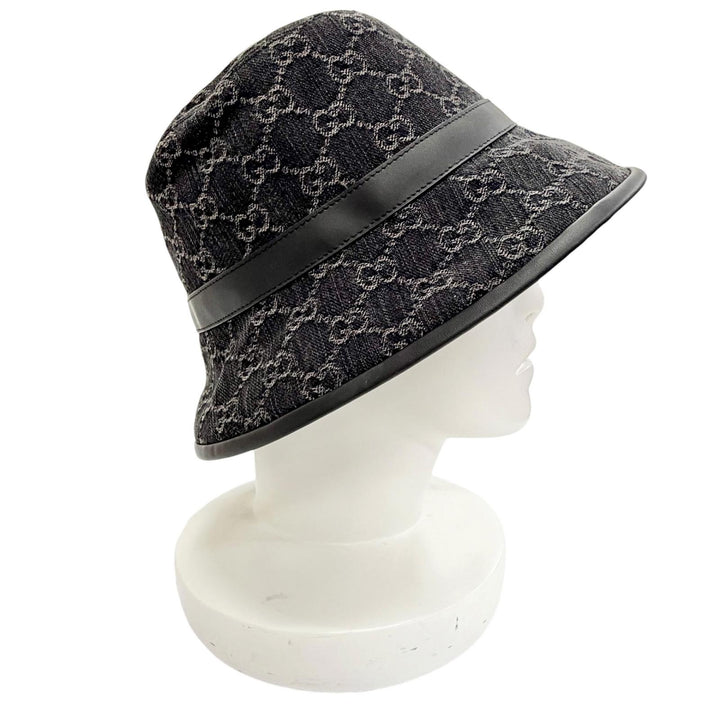 Excellent GUCCI hat GG Marmont Logo Leather Trimmed Bucket Hat black S 768647