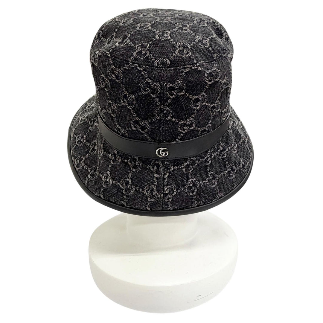Excellent GUCCI hat GG Marmont Logo Leather Trimmed Bucket Hat black S 768647