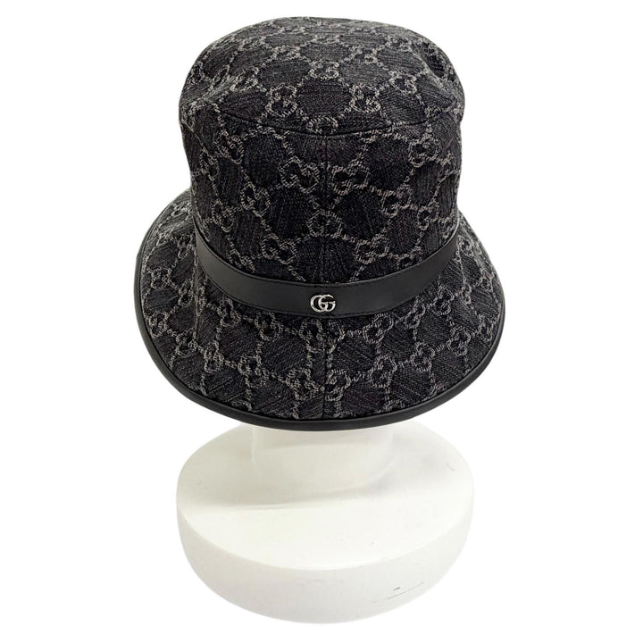 Excellent GUCCI hat GG Marmont Logo Leather Trimmed Bucket Hat black S 768647