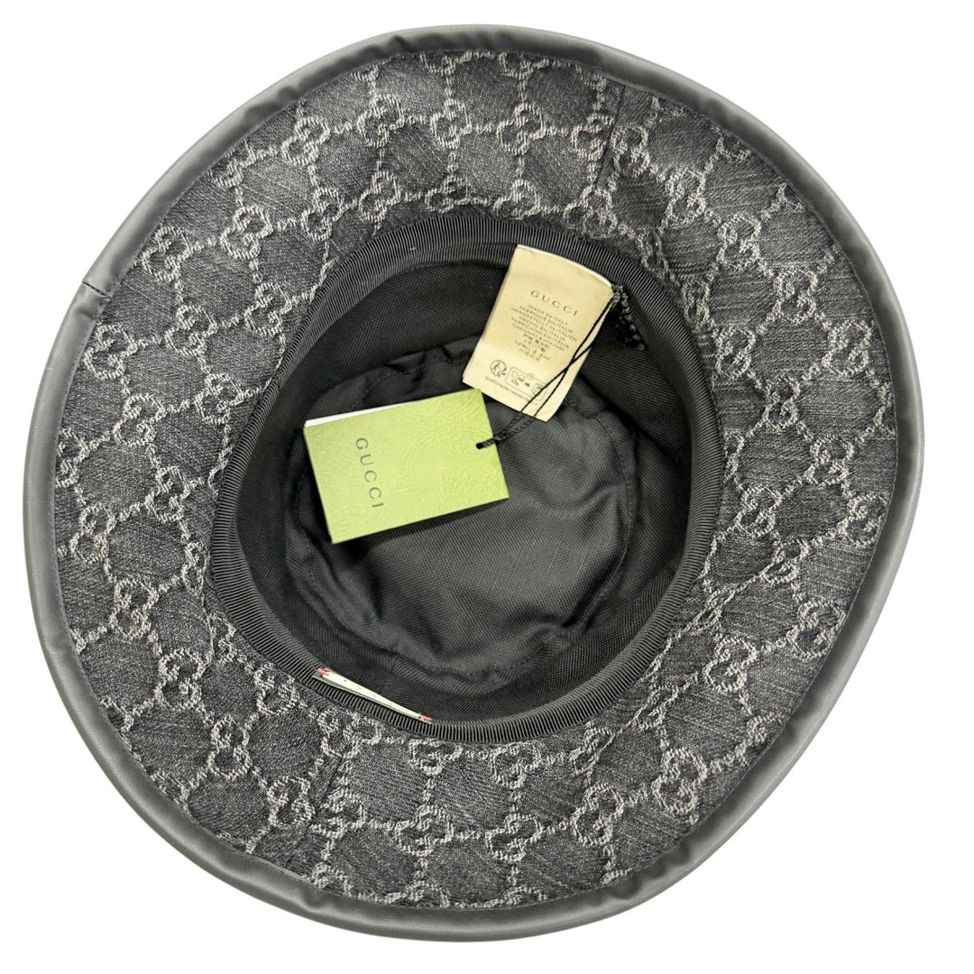 Excellent GUCCI hat GG Marmont Logo Leather Trimmed Bucket Hat black S 768647