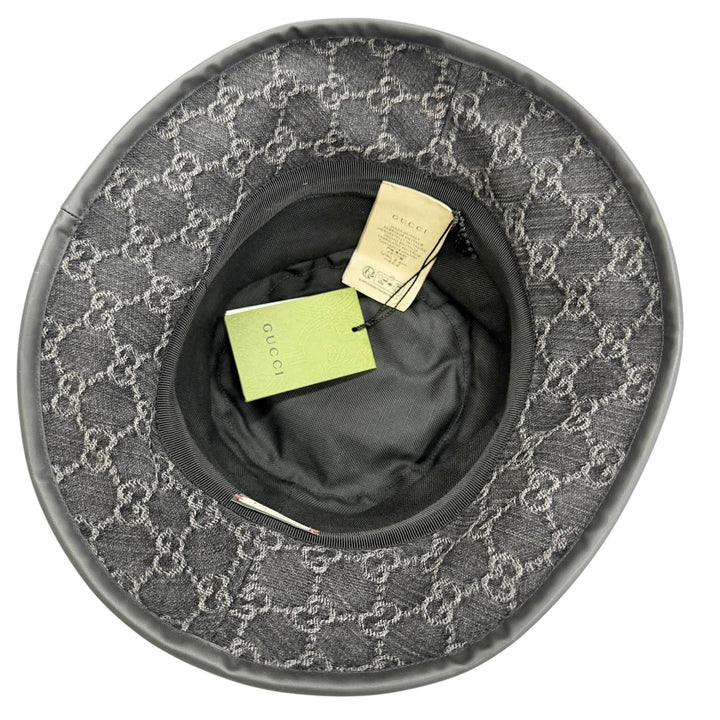 Excellent GUCCI hat GG Marmont Logo Leather Trimmed Bucket Hat black S 768647