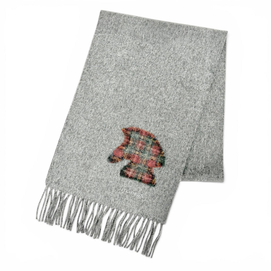 Excellent HERMES Scarf Highlands Tartan check, horse motif, fringe gray cashmere