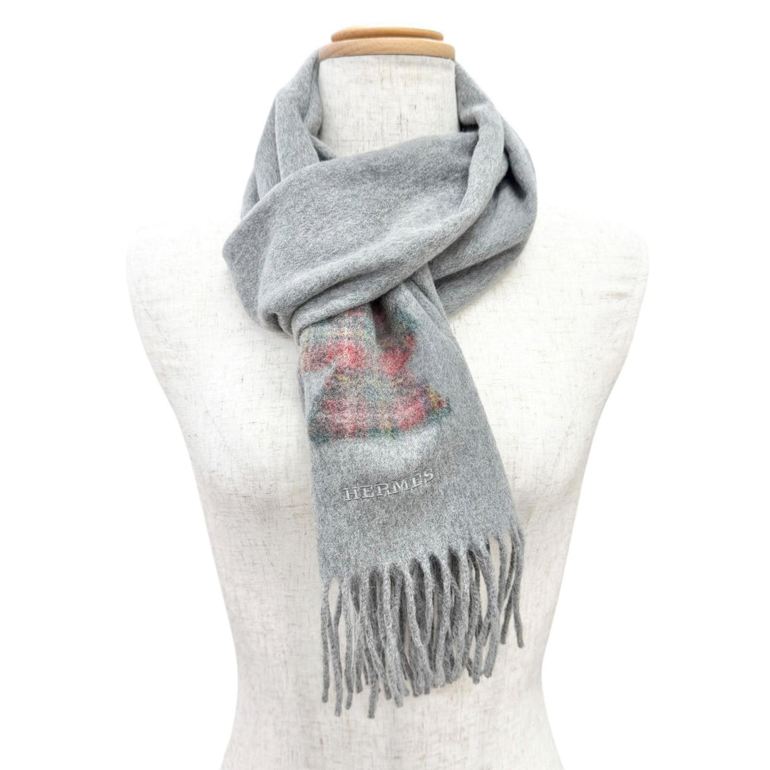 Excellent HERMES Scarf Highlands Tartan check, horse motif, fringe gray cashmere