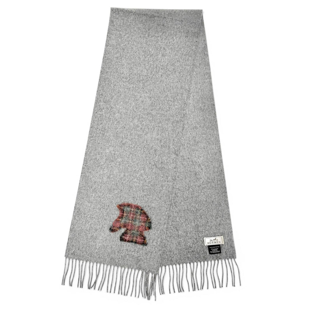 Excellent HERMES Scarf Highlands Tartan check, horse motif, fringe gray cashmere