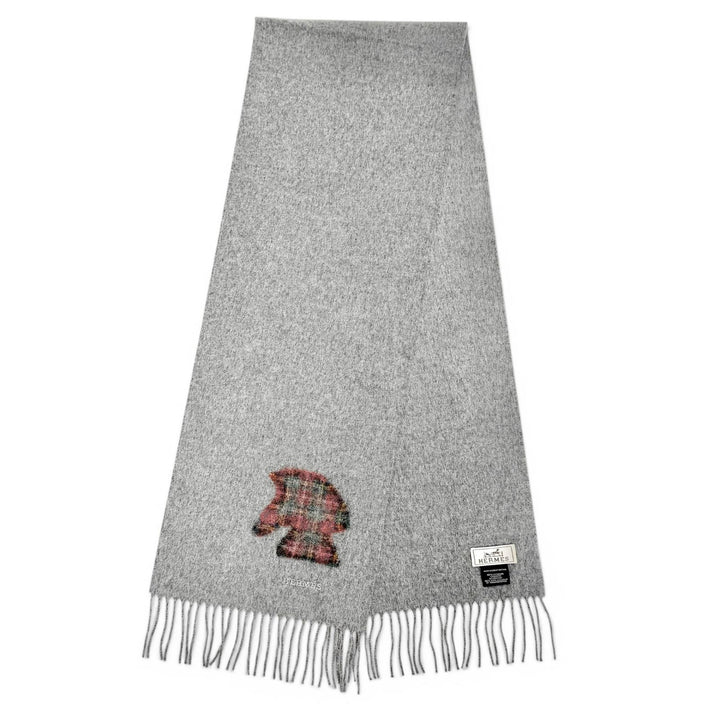 Excellent HERMES Scarf Highlands Tartan check, horse motif, fringe gray cashmere