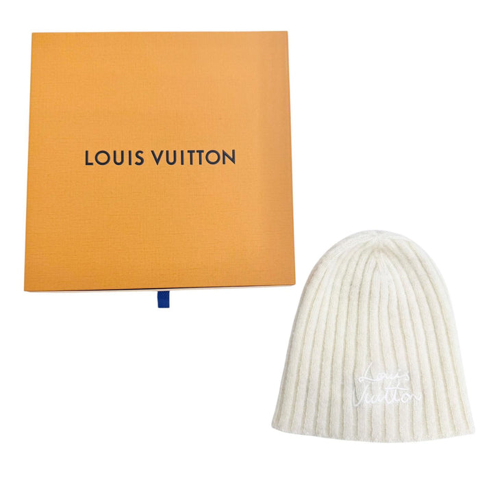 Excellent LOUIS VUITTON Knit cap Beanie LV Script knit hat Ecru S M97803