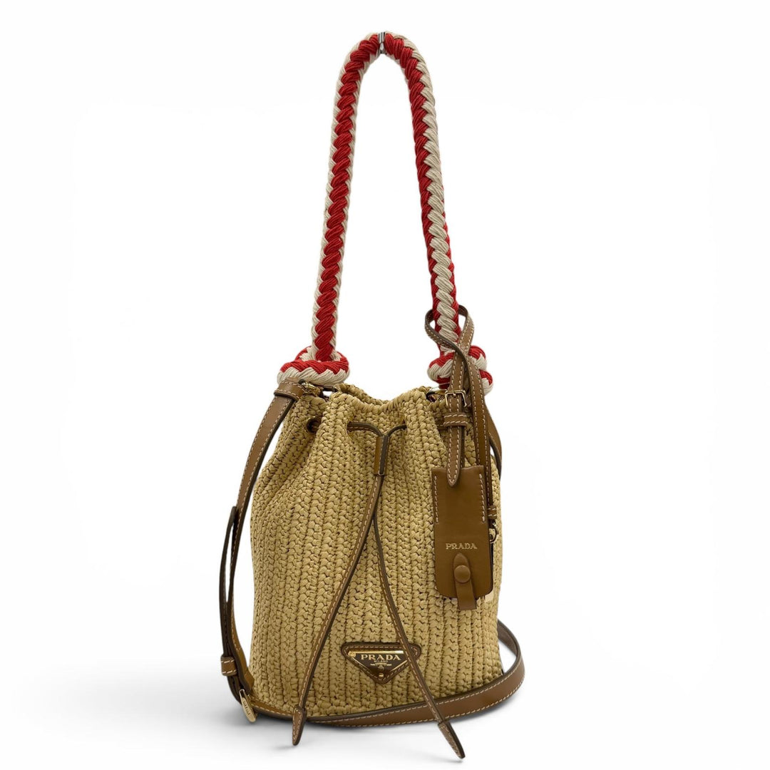 Excellent PRADA Handbag Crochet Mini Bucket Triangle Logo Leather Trim 2-Way