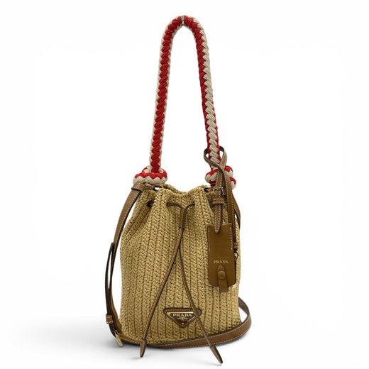 Excellent PRADA Handbag Crochet Mini Bucket Triangle Logo Leather Trim 2-Way