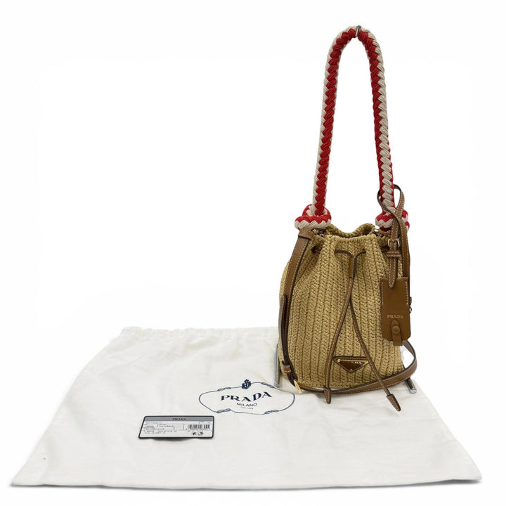 Excellent PRADA Handbag Crochet Mini Bucket Triangle Logo Leather Trim 2-Way