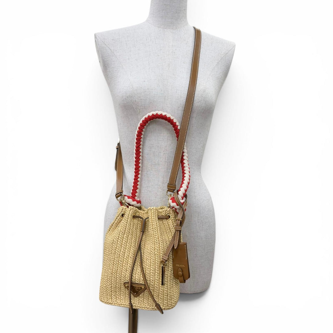 Excellent PRADA Handbag Crochet Mini Bucket Triangle Logo Leather Trim 2-Way