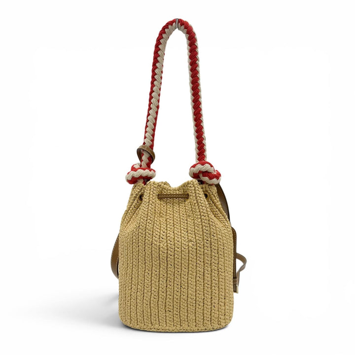 Excellent PRADA Handbag Crochet Mini Bucket Triangle Logo Leather Trim 2-Way