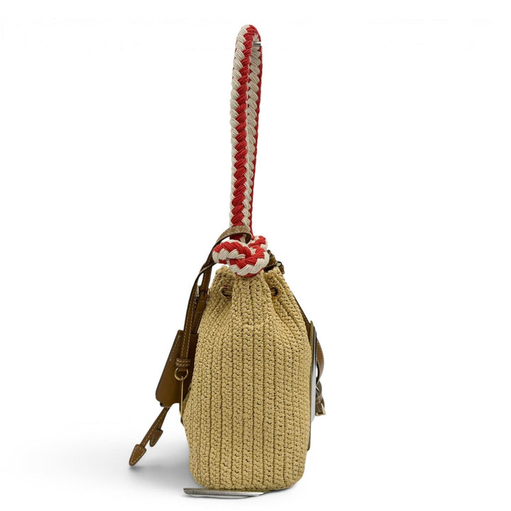 Excellent PRADA Handbag Crochet Mini Bucket Triangle Logo Leather Trim 2-Way