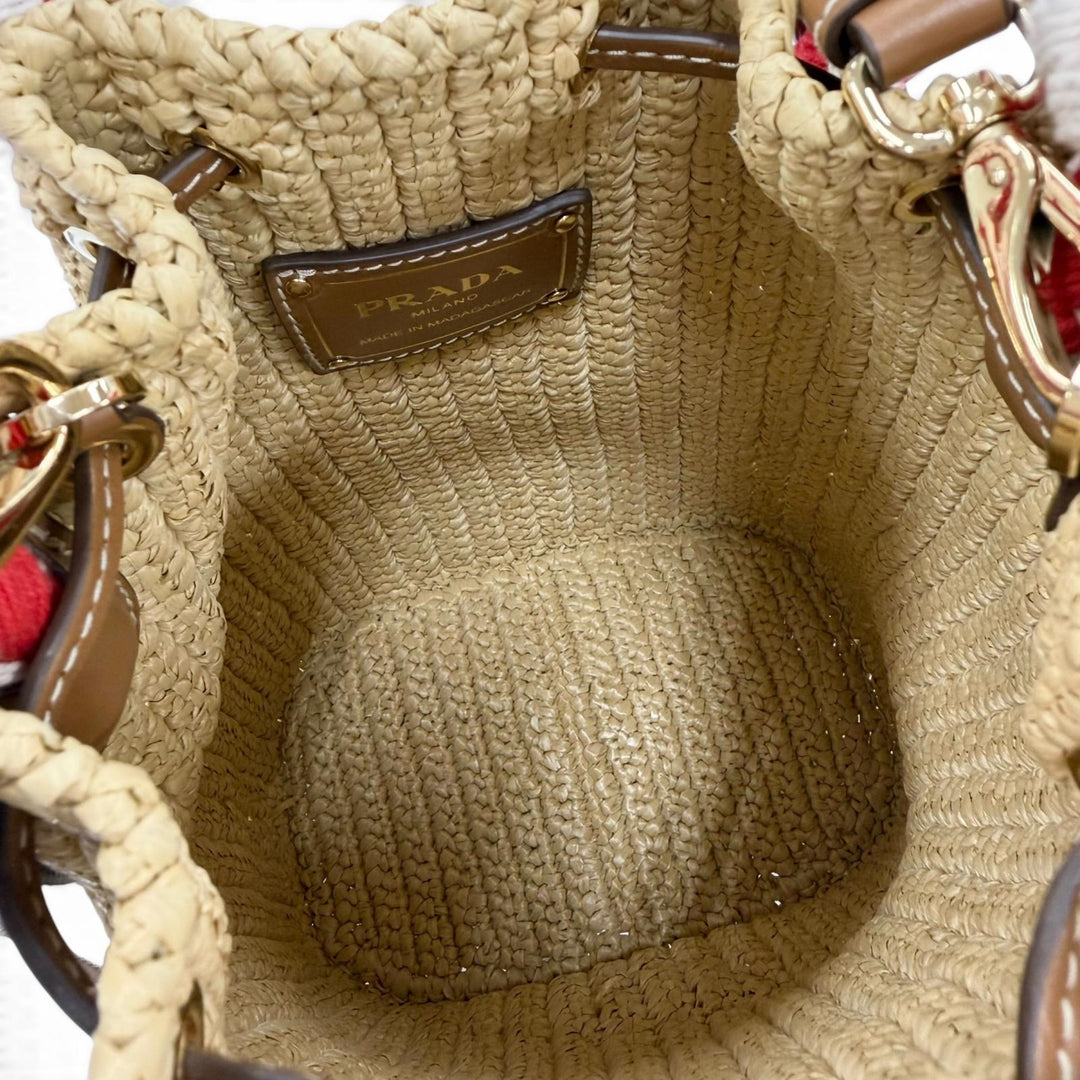 Excellent PRADA Handbag Crochet Mini Bucket Triangle Logo Leather Trim 2-Way