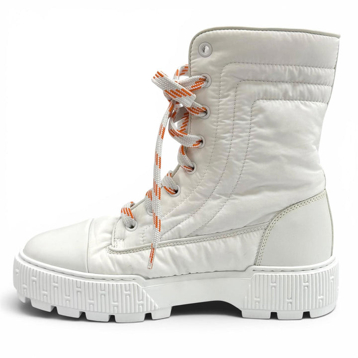 Great HERMES short boots fresh Leather logo patch lace-up white leather 36.5