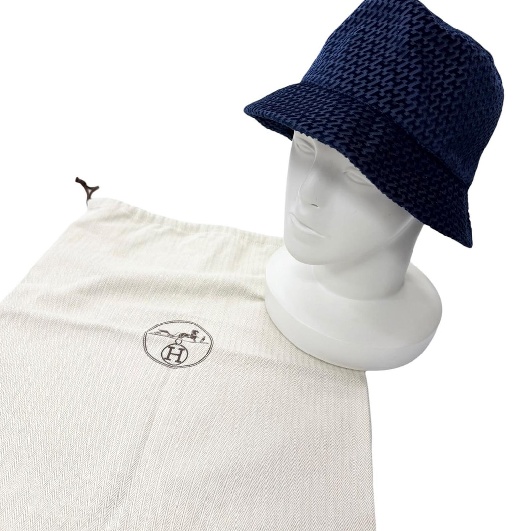 Great HERMES hat Harper Velvet Serie Button H Logo All-Over Print Bucket blue