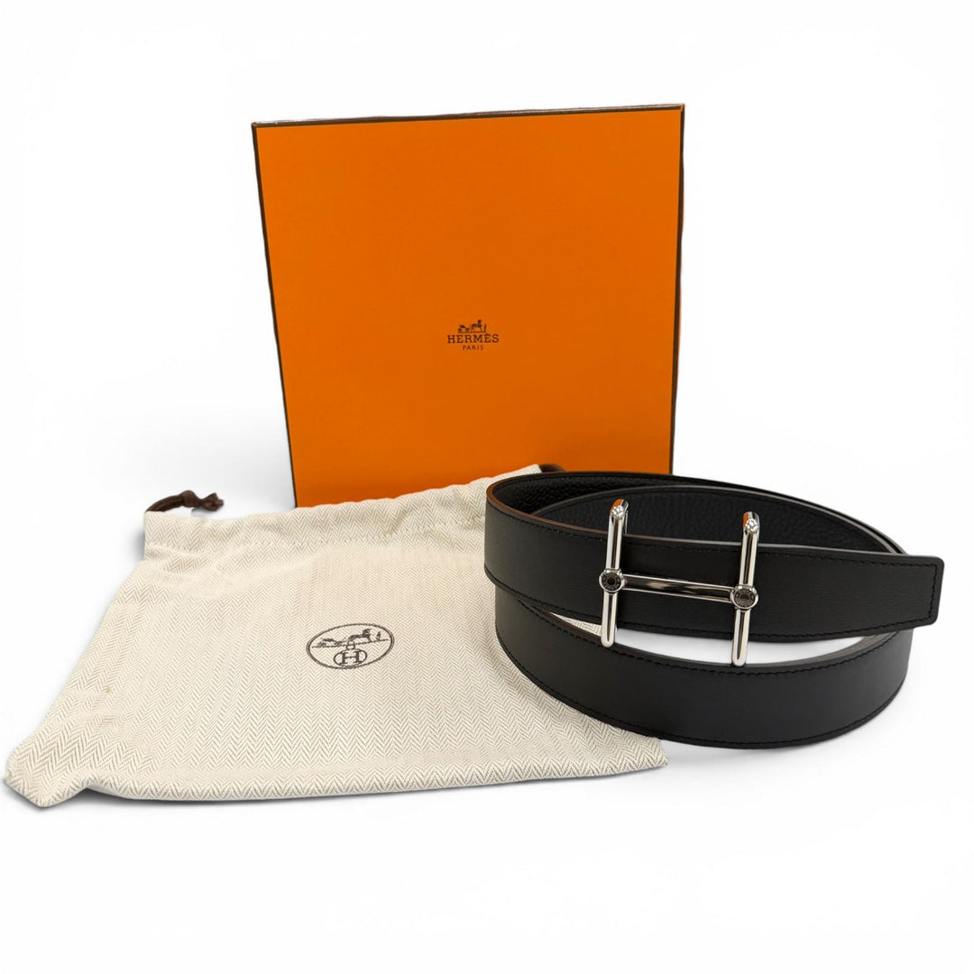 Pristine HERMES belt H Dunkle black Box scarf Leather mens
