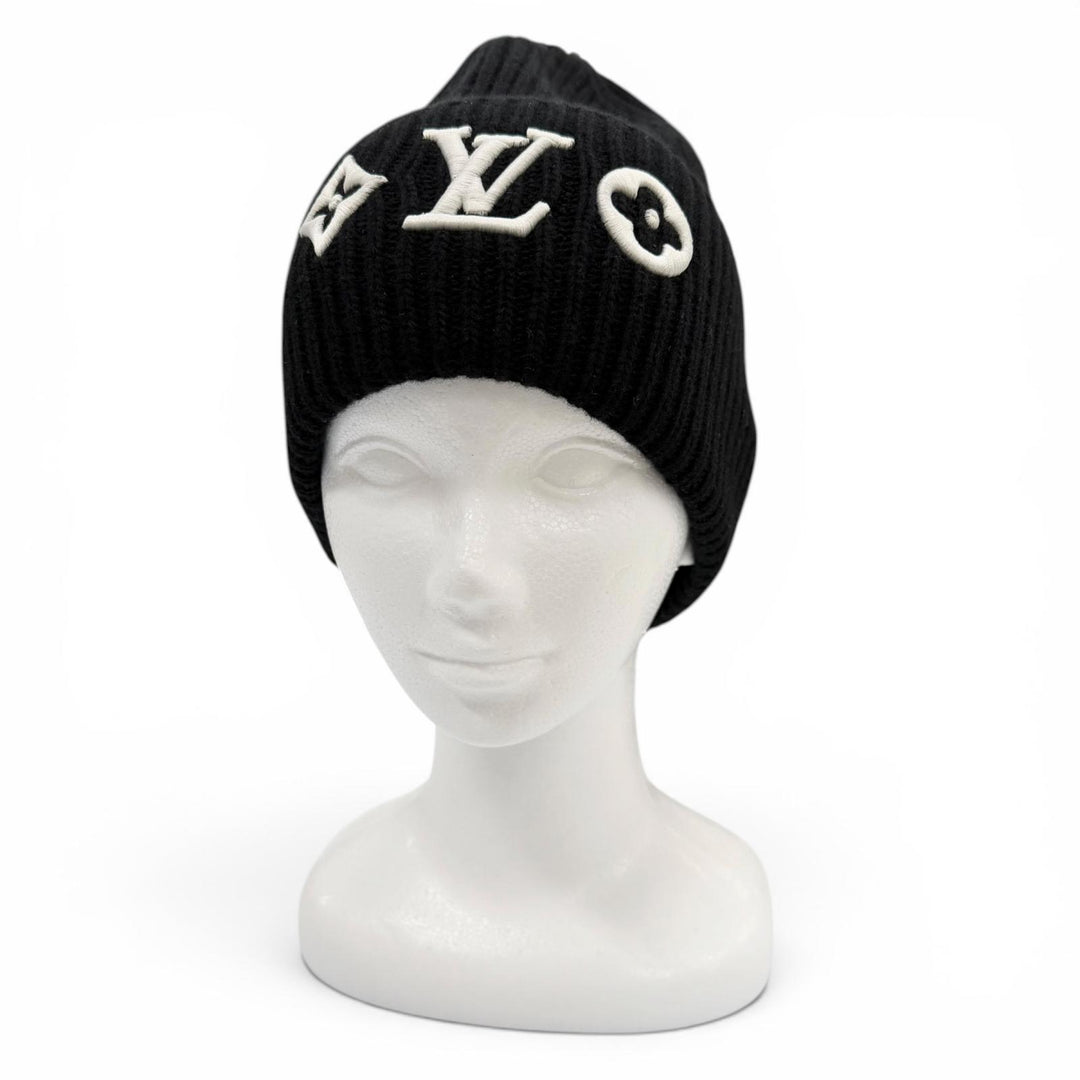 Great LOUIS VUITTON Knit cap LV Headline Beanie hat black wool mens M77872