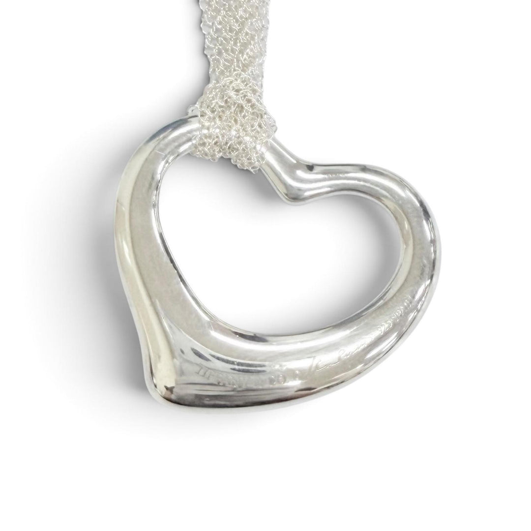 Great TIFFANY&Co. Necklace Open Heart Pendant Large Mesh Chain Silver 925 Women