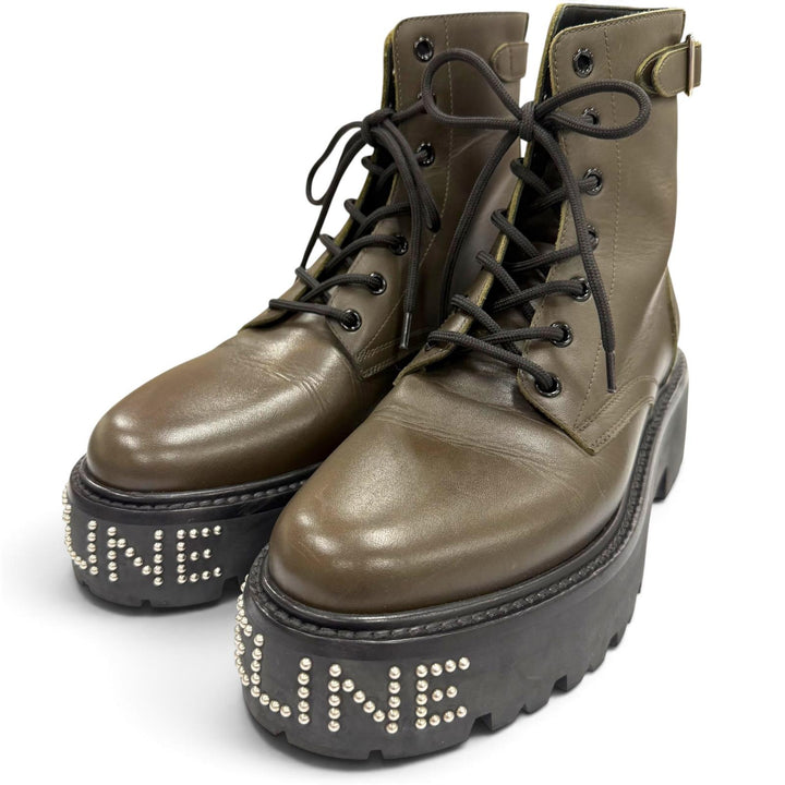 Excellent CELINE boots bulky Studded logo lace-up khaki leather mens 39