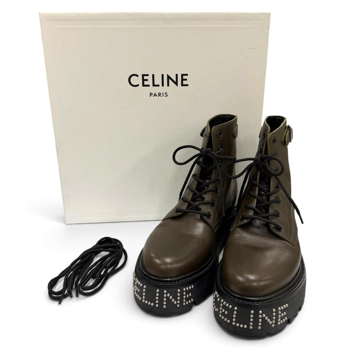 Excellent CELINE boots bulky Studded logo lace-up khaki leather mens 39