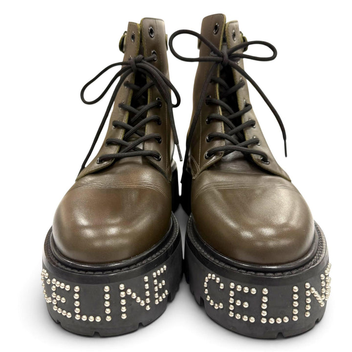 Excellent CELINE boots bulky Studded logo lace-up khaki leather mens 39