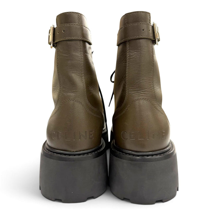 Excellent CELINE boots bulky Studded logo lace-up khaki leather mens 39