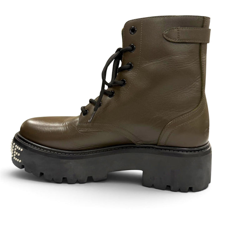 Excellent CELINE boots bulky Studded logo lace-up khaki leather mens 39