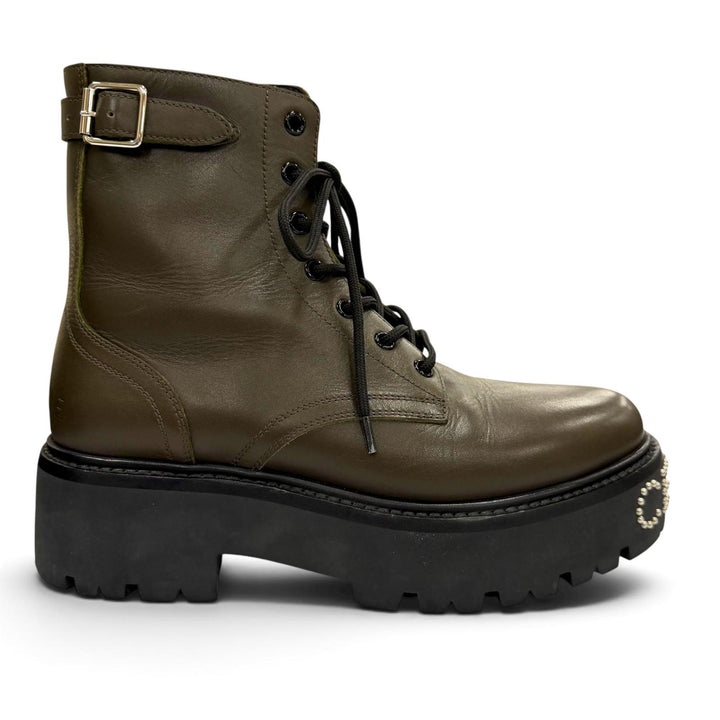 Excellent CELINE boots bulky Studded logo lace-up khaki leather mens 39