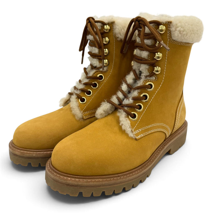Excellent CELINE boots KURT Logo-emblazoned leather with sheepskin Brown 37