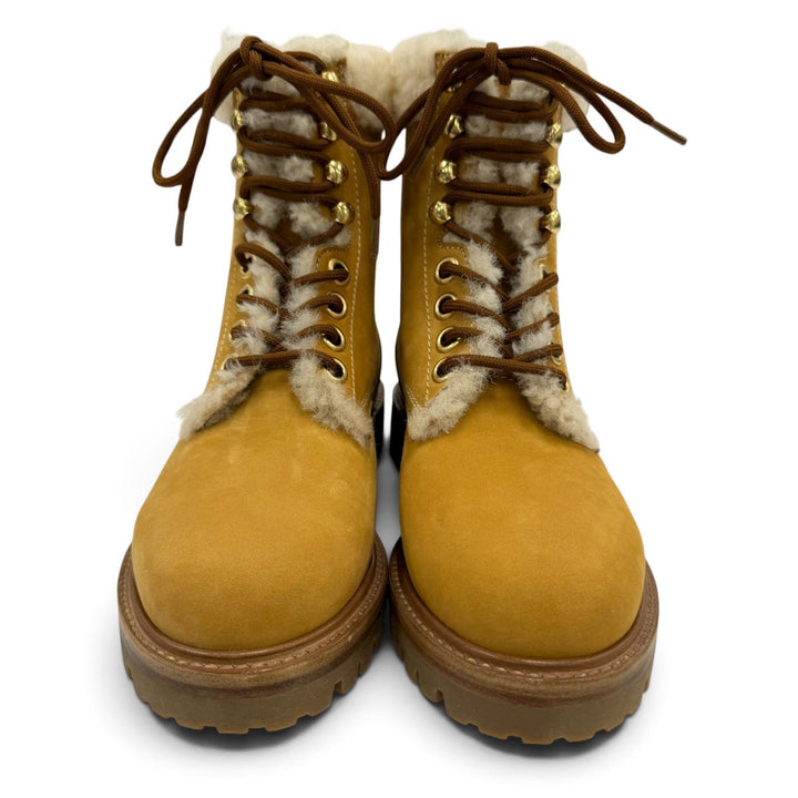 Excellent CELINE boots KURT Logo-emblazoned leather with sheepskin Brown 37