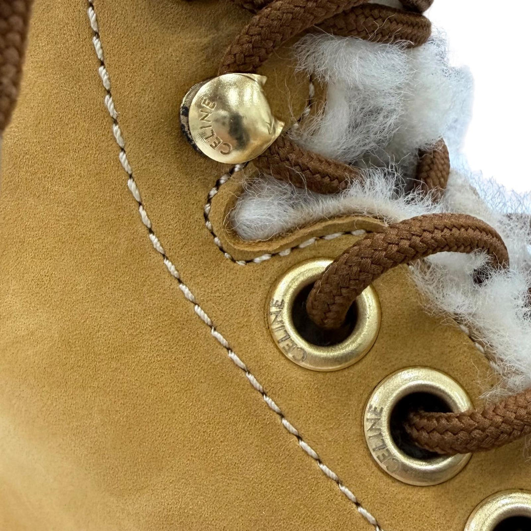 Excellent CELINE boots KURT Logo-emblazoned leather with sheepskin Brown 37