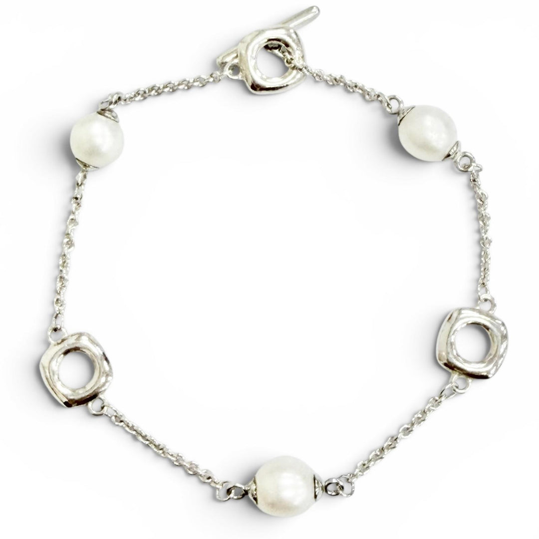 Great TIFFANY&Co. Square Anchor Chain Freshwater Pearl Bracelet Silver 925