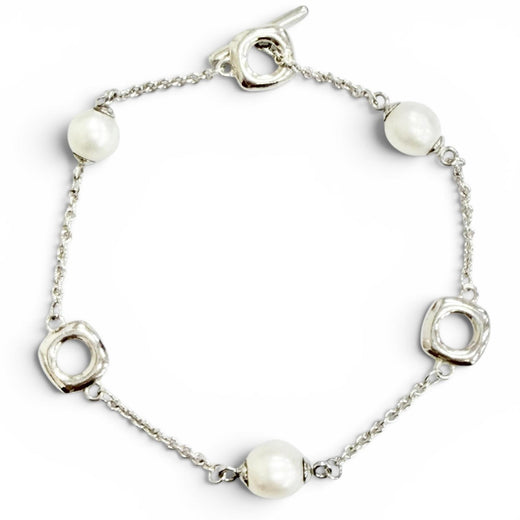 Great TIFFANY&Co. Square Anchor Chain Freshwater Pearl Bracelet Silver 925