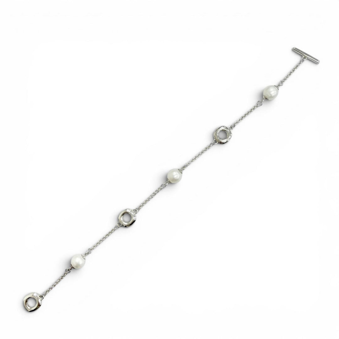 Great TIFFANY&Co. Square Anchor Chain Freshwater Pearl Bracelet Silver 925