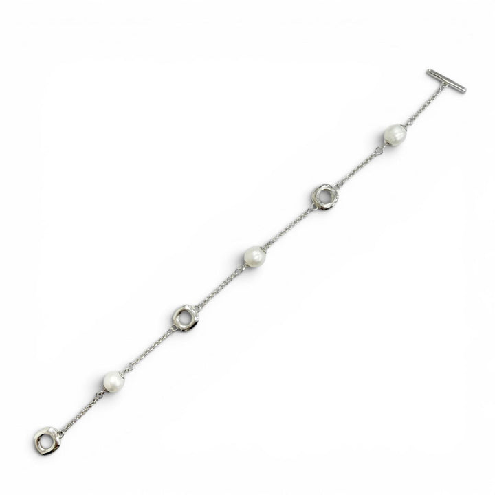 Great TIFFANY&Co. Square Anchor Chain Freshwater Pearl Bracelet Silver 925