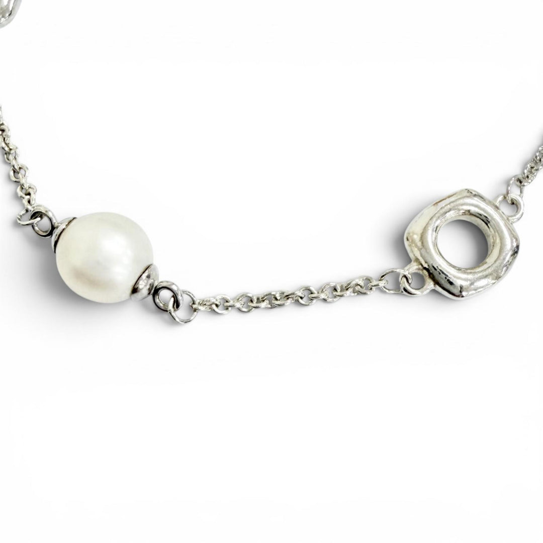 Great TIFFANY&Co. Square Anchor Chain Freshwater Pearl Bracelet Silver 925