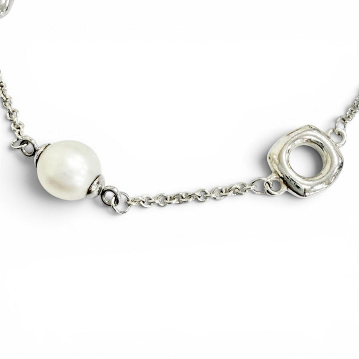 Great TIFFANY&Co. Square Anchor Chain Freshwater Pearl Bracelet Silver 925