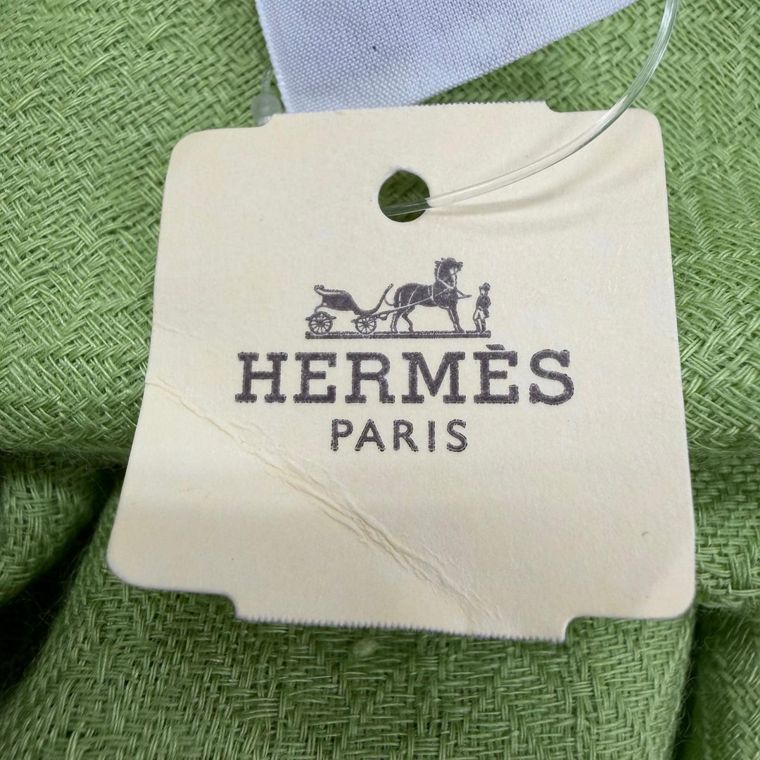 Excellent HERMES shawl Bookplate Large stole with fringe Light green cashmere
