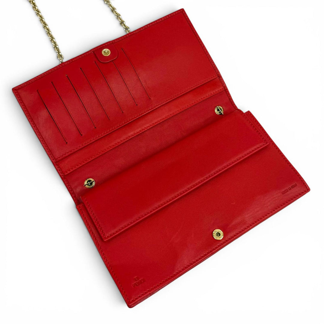 Great FENDI Purse FFMetal Embossed Logo Leather Chain Wallet Red leather Women