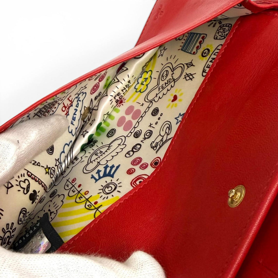 Great FENDI Purse FFMetal Embossed Logo Leather Chain Wallet Red leather Women