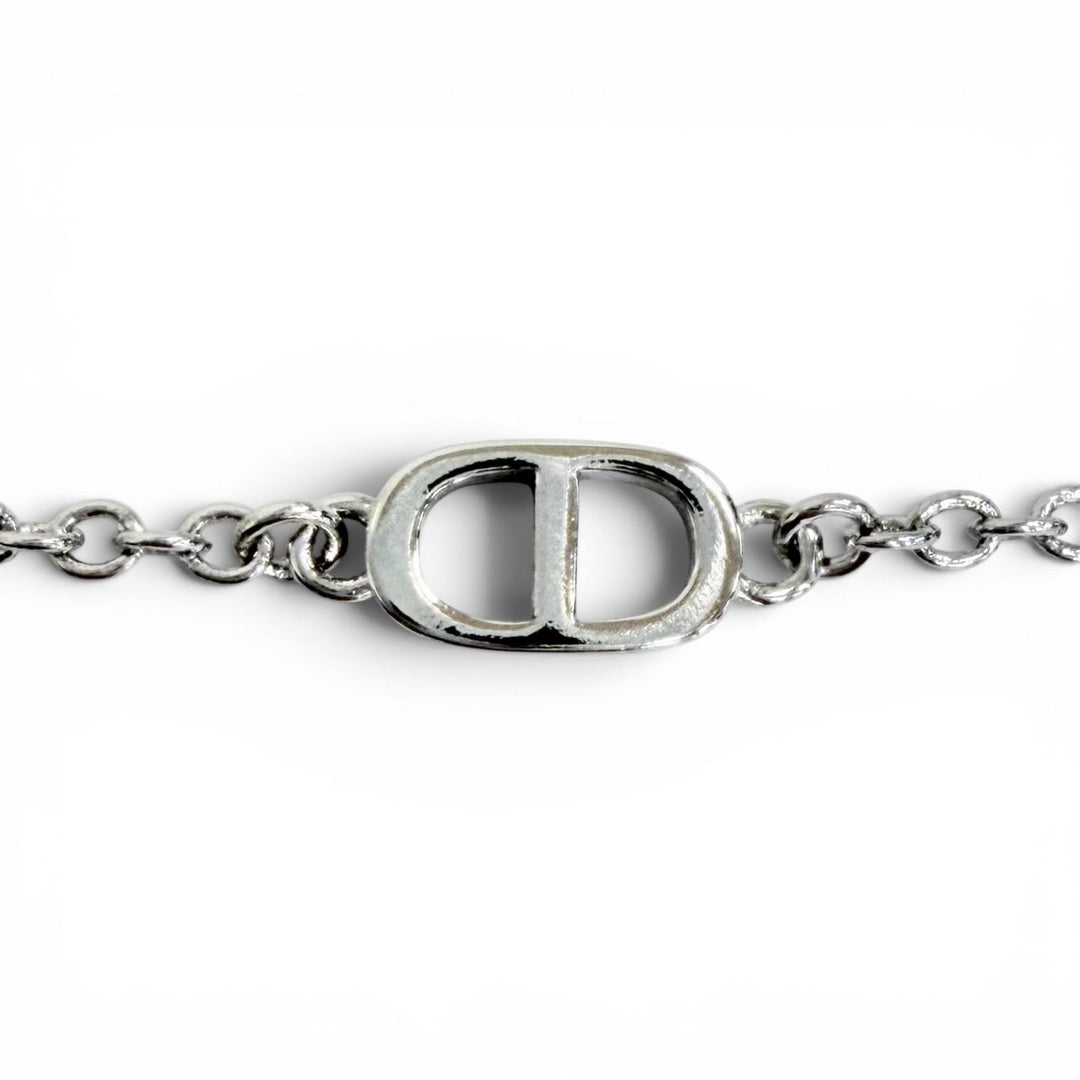 Excellent DIOR Necklace CD logo, ribbon motif, rhinestones, faux pearls Silver