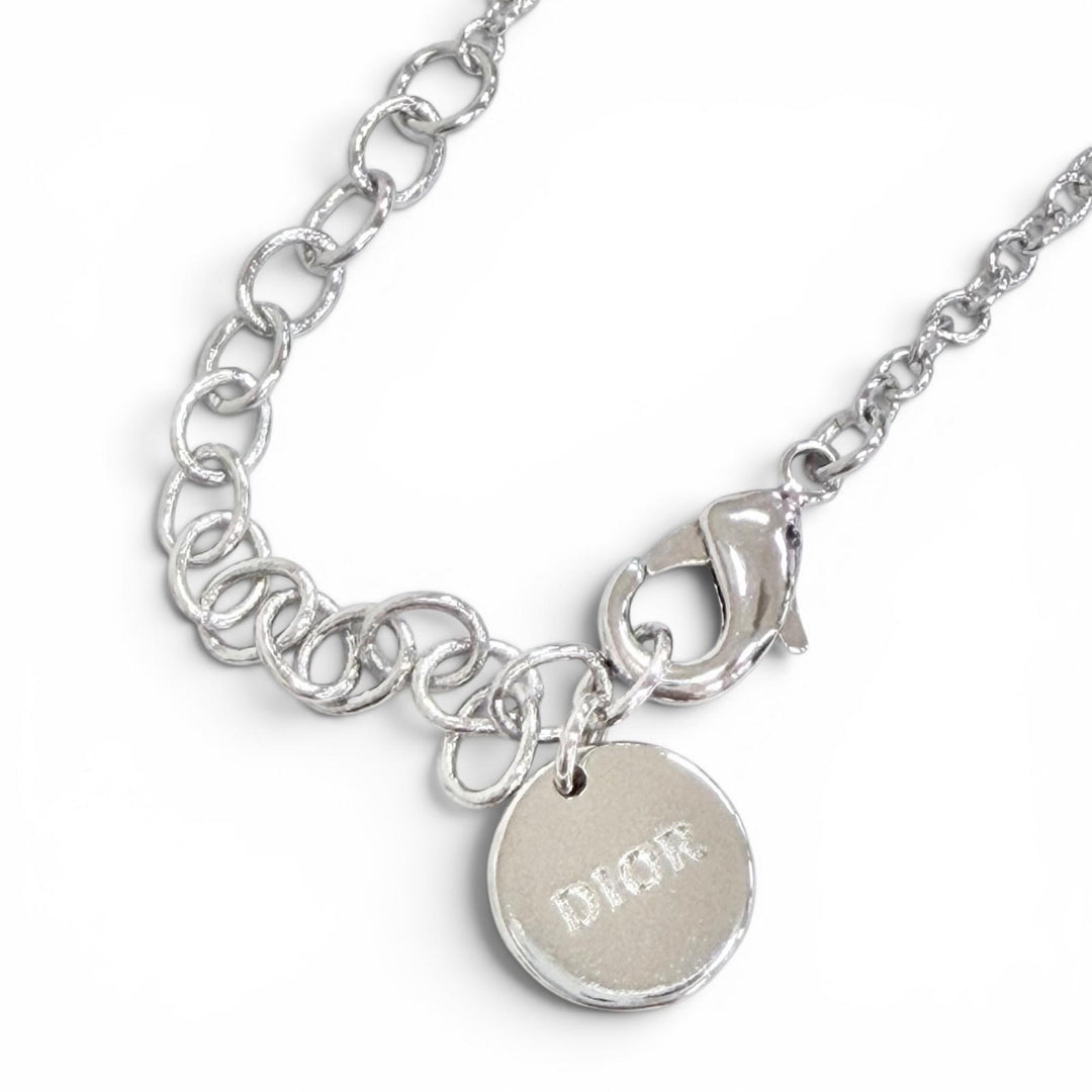 Excellent DIOR Necklace CD logo, ribbon motif, rhinestones, faux pearls Silver